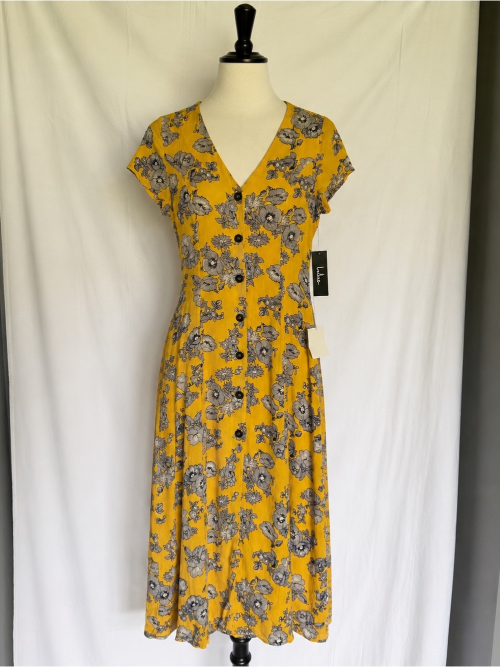 Lulus Mustard Yellow Floral Button Front Midi Dress NWT Size S